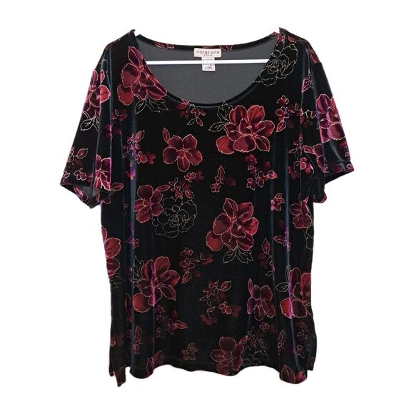 Notations Tops - Notations Woman Soft Velvet Top Sparkle Floral Pattern Size Plus 1X Short Sleeve